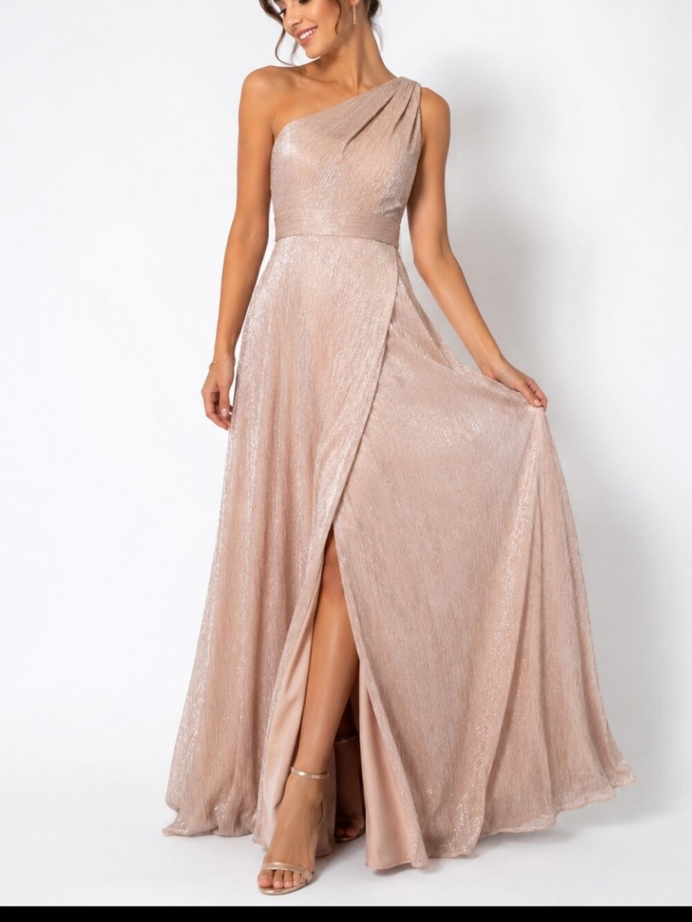 AQUA Bloomingdale’s Exclusive Blush Gold Metallic One Shoulder Wrap Gown Size 6